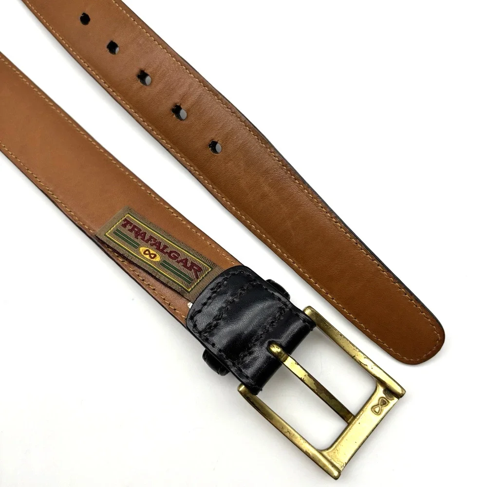 Vintage Trafalgar 1716 Cortina Black Leather Bass Buckle Belt 36 Handmade in USA